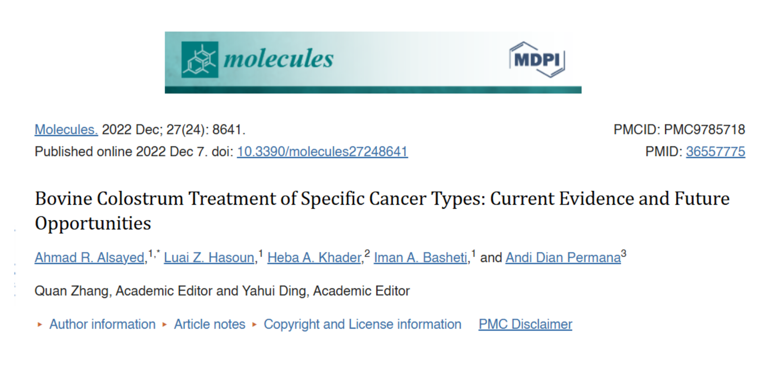 Bovine Colostrum Treatment of Specific Cancer Types